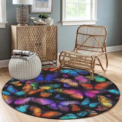 Home Decor Non Slip Kitchen Office Circle Rug, Machine Washable Modern Round Area Rug, Room Sofa Yoga Soft Round Carpet Colorful Butterflies Butterfly Art, 60inch