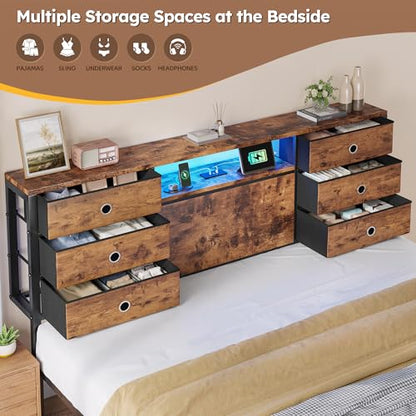 King Size Bed Frame with 9 Drawers and Charging Station,Brown | Storage Headboard Shef,LED Lights,Supports 880 lbs,Noise-Free,No Box Spring Needed,Easy Assembly