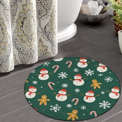 Fashion Round Area Rug Large Non Slip Carpet, Christmas Gingerbread Snowman Green Unisex Home Decor Mat