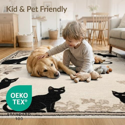 8'x10' Black Cat Taupe Design with Motifs Washable Area Rug