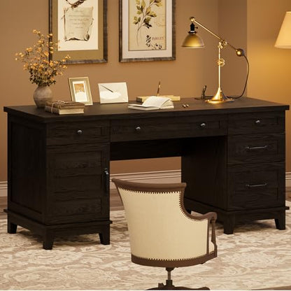 Farmhouse Executive Desk with File Drawers, 60 in Home Office Desk with Charging Station, Wooden Computer Desk with Cabinet Storage for Work Study Writing, Rustic Black