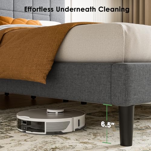Queen Size Bed Frame, Sturdy and Durable with 12 Support Legs, 1300 lbs Capacity, Solid Wooden Upholstered Adjustable Headboard for 6"-12" Mattresses, Easy Assembly, Ideal Height, Dark Gray