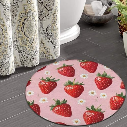 Large Machine Washable Circular Rugs, Home Decor Round Mat for Living Room Sofa Office Daisy Floral Pink Strawberry