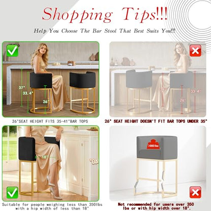Modern Counter Height Bar Stools,Bar Stools Set of 2,Velvet Fabric Upholstered Barrel Barstools with Backs,26'' Kitchen Island Chairs,Metal Gold Frames,Ink Black Velvet