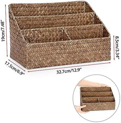 BTSKY Woven Storage Basket, Seagrass Desk Organizer with 4 Compartments
