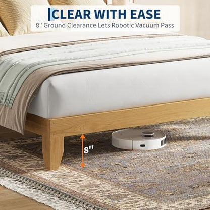 GAOMON Full Size Wood Bed Frame with LED Light and Rattan Headboard