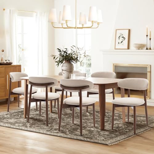 Wooden Dining Chairs Set of 6, Modern Upholstered Fabric Dining Room Chair, Farmhouse Kitchen Side Chairs with Foot Pegs, Beige