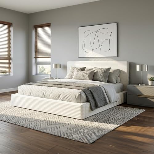 King Size Bed Frame, Plush CloudSoft Bed, Corduroy Upholstered Platform Bed Frame with Headboard, Easy Assembly, No Box Spring Needed, Modern Soft Bed Frame, White