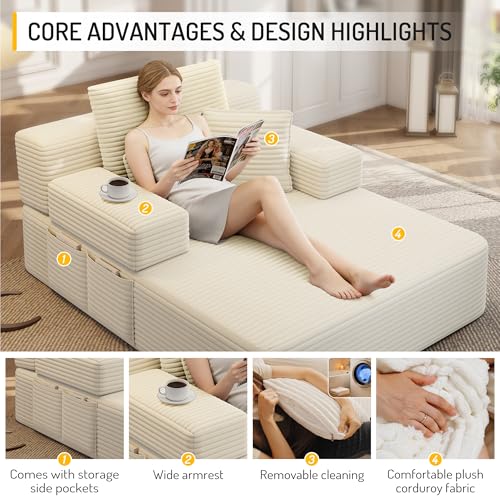 48.5'' Oversized Chaise Lounge Indoor, Corduroy Boneless Couch, Beige | Upholstered Single Sofa Bed with 3 Pillows, Side Pocket, Adjustable Armrest, Plush Floor Chair for Living Room, Balcony