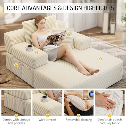48.5'' Oversized Chaise Lounge Indoor, Corduroy Boneless Couch, Beige | Upholstered Single Sofa Bed with 3 Pillows, Side Pocket, Adjustable Armrest, Plush Floor Chair for Living Room, Balcony