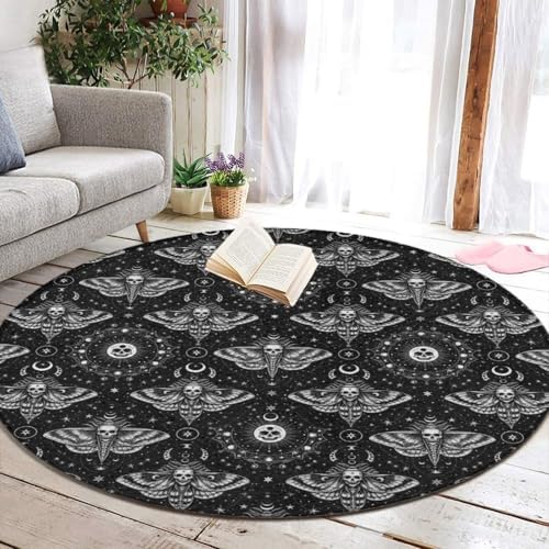 Highly Premium Quality Floor Mat, Office Chair Decor Mat, Room Sofa Yoga Soft Round Carpet Gothic Moth Skull Sun Moon Art Black and White