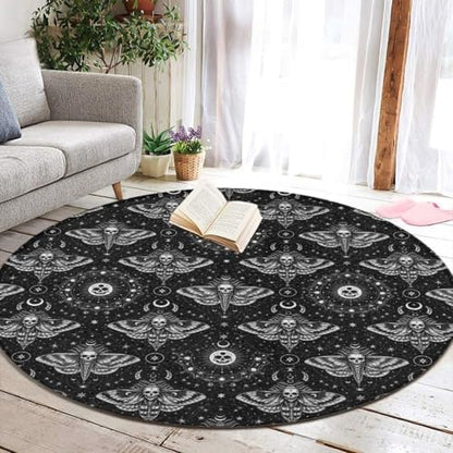 Highly Premium Quality Floor Mat, Office Chair Decor Mat, Room Sofa Yoga Soft Round Carpet Gothic Moth Skull Sun Moon Art Black and White