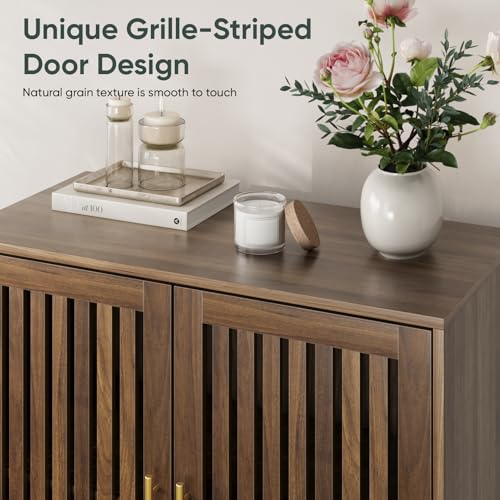 Sideboard Cabinet, 31.5" W Farmhouse Buffet Cabinet with Slatted Doors & Adjustable Shelf, Wood Coffee Bar Storage Station for Kitchen, Dining Room, Living Room, Entryway, Walnut Color