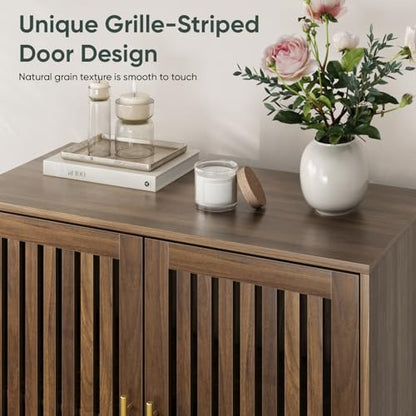 Sideboard Cabinet, 31.5" W Farmhouse Buffet Cabinet with Slatted Doors & Adjustable Shelf, Wood Coffee Bar Storage Station for Kitchen, Dining Room, Living Room, Entryway, Walnut Color