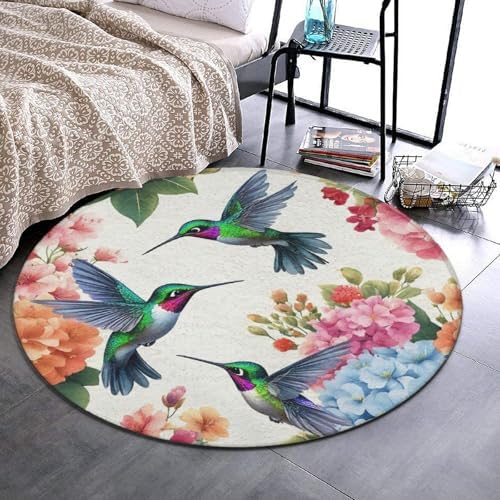 Large Home Decor Mat, Soft Round Yoga Carpet, Non Slip Machine Washable Home Office Circle Rug Bird Colorful Flowers Hummingbirds Floral