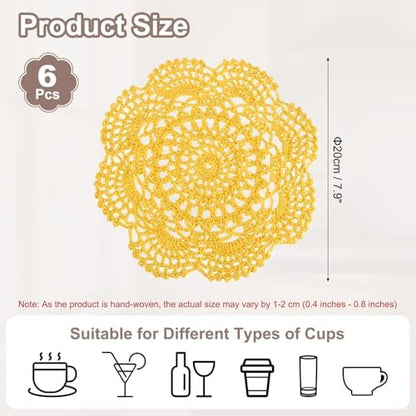 uxcell 6 Pcs Crochet Handmade Cotton Placemat Doilies for Table 7.9" Yellow