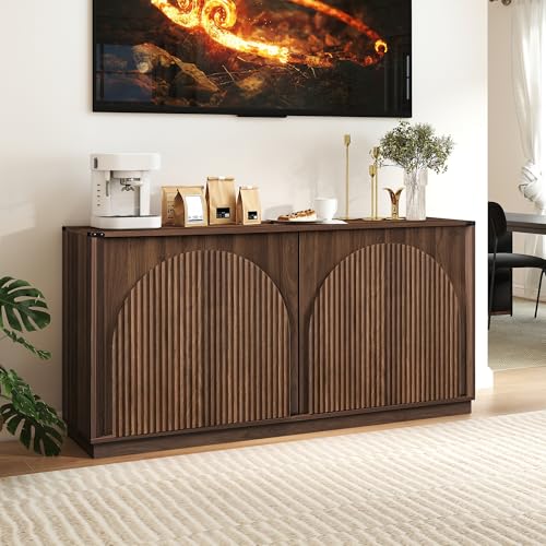 65" Sideboard Buffet Cabinet with Storage, Mid Century Modern Fluted Accent Credenza with Adjustable Shelves, Wood Media TV Console Coffee Bar Table for Dining Room, Living Room, Walnut