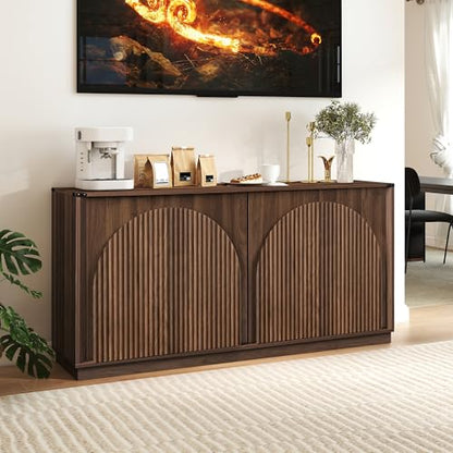 65" Sideboard Buffet Cabinet with Storage, Mid Century Modern Fluted Accent Credenza with Adjustable Shelves, Wood Media TV Console Coffee Bar Table for Dining Room, Living Room, Walnut