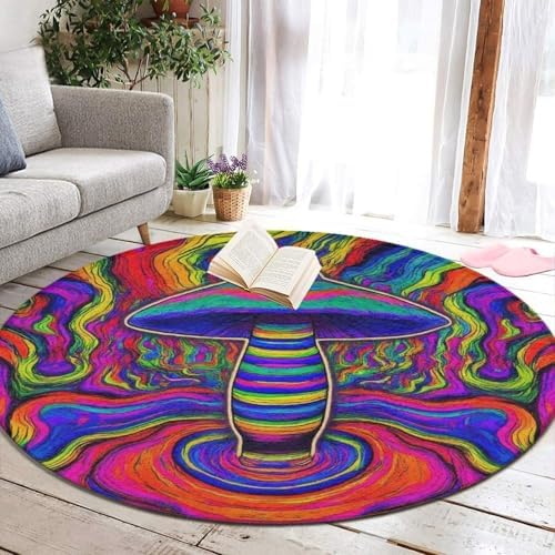 Home Decor Non Slip Kitchen Office Circle Rug, Machine Washable Modern Round Area Rug, Room Sofa Yoga Soft Round Carpet Trippy Mushroom Rainbow Tie Dye Art, 24inch