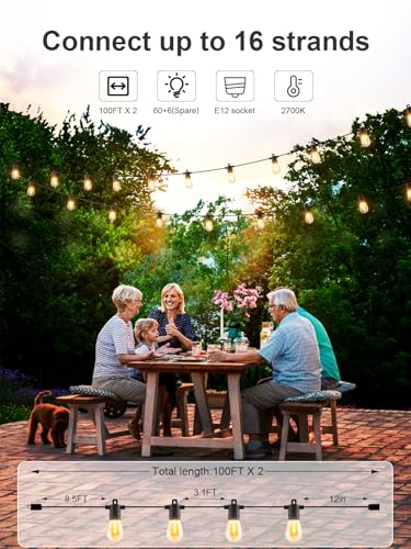 Outdoor String Lights 200 FT, Patio Lights for Outside with Shatterproof LED Bulbs, Waterproof IP65 Commercial Hanging Light for Backyard Porch Balcony Bistro Party (2X100FT)