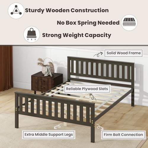 Full Size Wood Platform Bed Frame, Mid Century Full Bed Frame with Headboard, Wood Slat Support, Double Bed Frame, No Box Spring Needed, Easy Assembly, Espresso