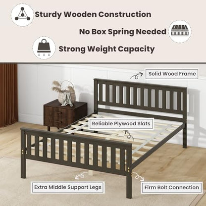 Full Size Wood Platform Bed Frame, Mid Century Full Bed Frame with Headboard, Wood Slat Support, Double Bed Frame, No Box Spring Needed, Easy Assembly, Espresso