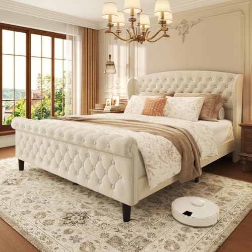 Queen Platform Bed Frame, Velvet Upholstered Sleigh Bed with Wingback Tufted Headboard and Footboard, Noise-Free Design, Easy Assembly, No Box Spring Needed, Light Beige