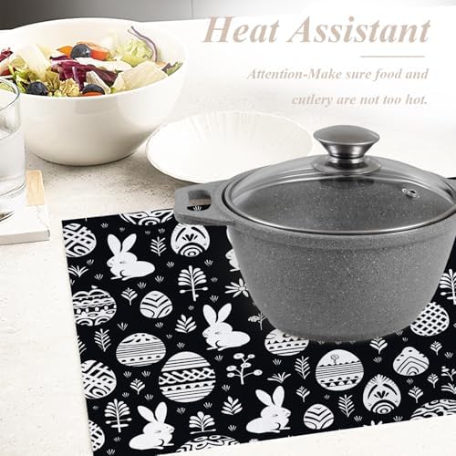 Shrahala Easter Eggs Rabbits Set of 4 12 X 18 Inch Linen Placemats, Black White with Eggs Rabbits Burlap Table Mat Washable Double Layered Heat Insulation for Indoor/Outdoor