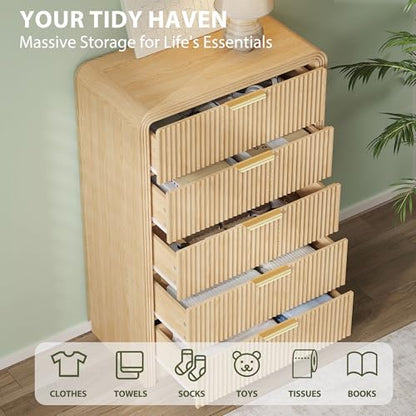 Fluted 5 Drawers Dresser, 48" Tall Chest of Drawers for Bedroom