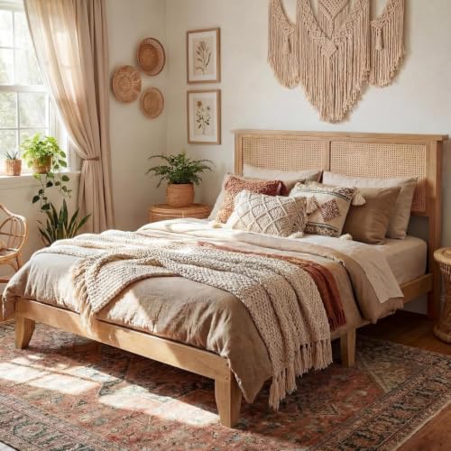 GAOMON Full Size Wood Bed Frame with LED Light and Rattan Headboard