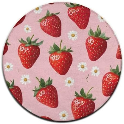 Large Machine Washable Circular Rugs, Home Decor Round Mat for Living Room Sofa Office Daisy Floral Pink Strawberry