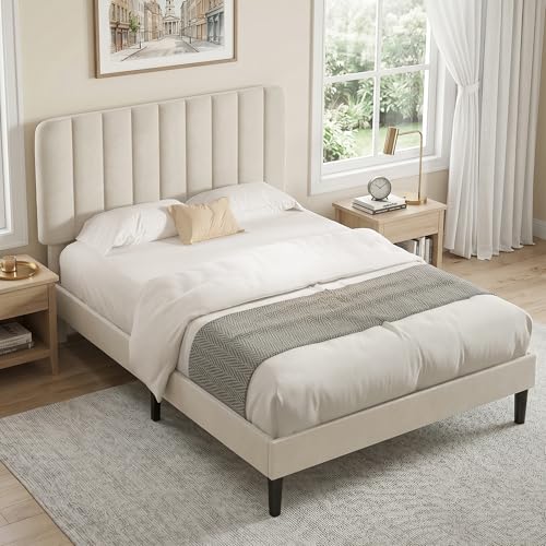 Queen Size Bed Frame with Upholstered Headboard, Velvet Platform Bedframe Mattress Foundation, Strong Wood Slat Support, No Box Spring Needed,Bone Beige