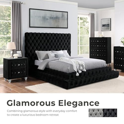 Sable Fabric Upholstered Step Up Queen-Size Platform Bed with Oversized Headboard, Deep Button Tufting, No Box Spring Required for Bedroom, Guest Room, Black