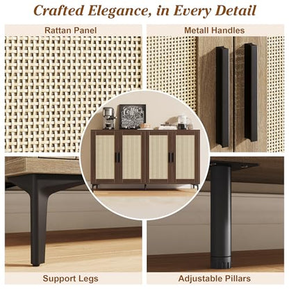48" Rattan Buffet Cabinet with Storage, Walnut Coffee Bar Cabinet