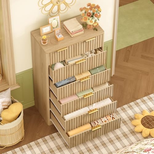 48" Tall Dresser for Bedroom with 7 Drawers, Dressers & Chests of Drawers with Metal Handle, Fluted Dresser, Wood Closet Clothes Storage Organizer for Bedroom, Hallway, Natural