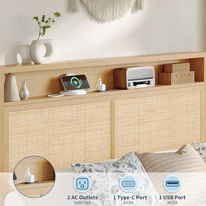 Queen Rattan Bed Charging Station LED Bohemian Bedroom