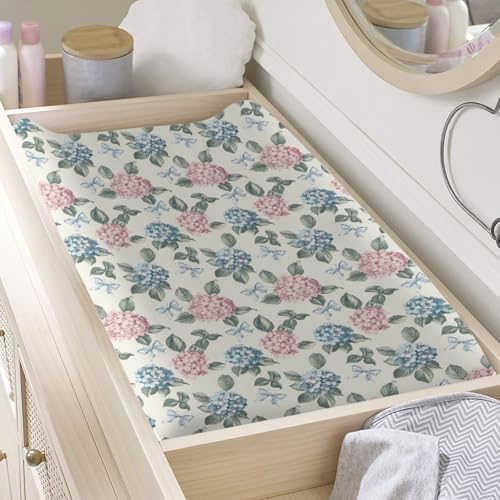 Spring Hydrangea Floral Leaves Bows Baby Changing Pad Cover, Unisex Flowers Nursery Diaper Changing Table Pad Mat Sheet for Boys Girls-16x32
