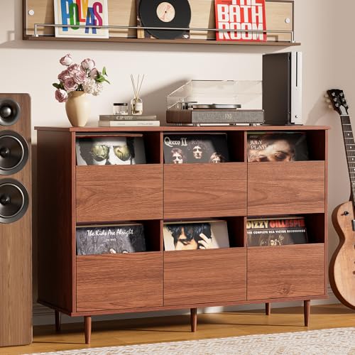 47.2" Large Record Player Stand, Vinyl Record Storage Cabinet,Brown | Fit 7“/10"/12" Vinyl Record, Mid Century Turntable Stand, Media Cabinet with 6 DVD Drawers for Living Room, Music Corner
