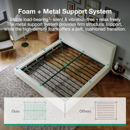 King Size Bed Frame, Plush CloudSoft Bed, Corduroy Upholstered Platform Bed Frame with Headboard, Easy Assembly, No Box Spring Needed, Modern Soft Bed Frame, White