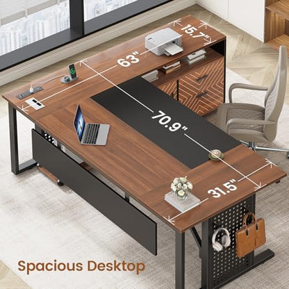 71" Executive Desk with Rolling File Cabinet, Large Office Desk with Drawers, L Shaped Computer Desk with Power Outlets, CPU Stand, Pegboard and Storage Shelves, Brown