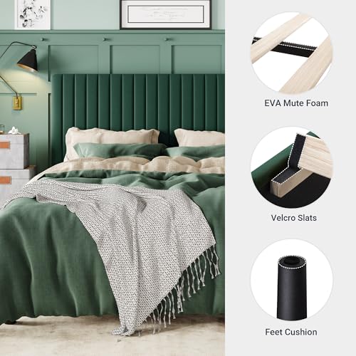 Queen Bed Frame, Velvet Upholstered Platform Bed with Adjustable Vertical Channel Tufted Headboard, Mattress Foundation with Strong Wooden Slats, Box Spring Optional, Easy Assembly, Green