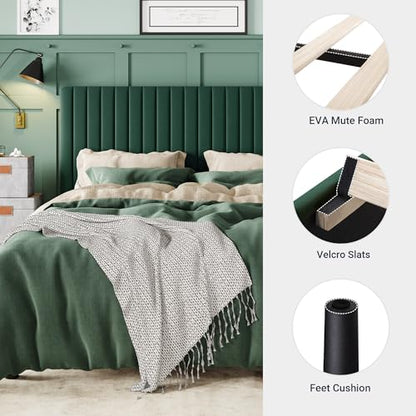 Queen Bed Frame, Velvet Upholstered Platform Bed with Adjustable Vertical Channel Tufted Headboard, Mattress Foundation with Strong Wooden Slats, Box Spring Optional, Easy Assembly, Green