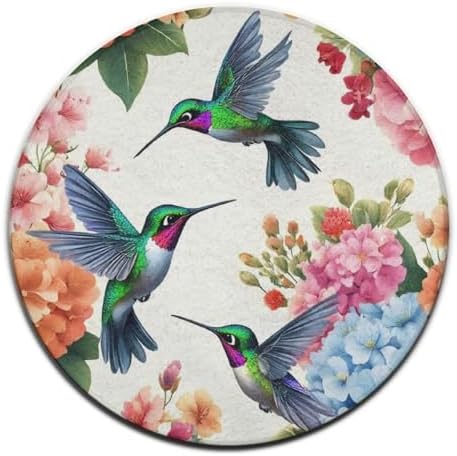 Large Home Decor Mat, Soft Round Yoga Carpet, Non Slip Machine Washable Home Office Circle Rug Bird Colorful Flowers Hummingbirds Floral