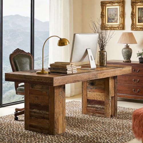 63-Inch Farmhouse Executive Desk, Distressed Rustic Brown