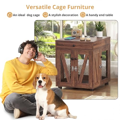 Wooden Dog Crate End Table with USB Charging Station, Walnut