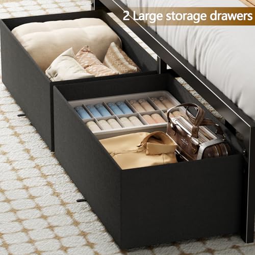 Queen Bed Frame with Storage Headboard,Charging Station,2 Drawers | 2-Tier Wood Shelves,LED Lights,1200 Lbs Capacity,USB & Type-C Ports,No Box Spring Needed,Noise Free,Easy Assembly,Rustic Grey