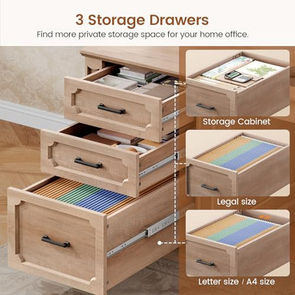 Farmhouse 70.9" Executive Desk, Home Office Desk with File Drawers and Storage Cabinet, Computer Desk with Power Outlet for Home Office, Work Study Writing, Oak