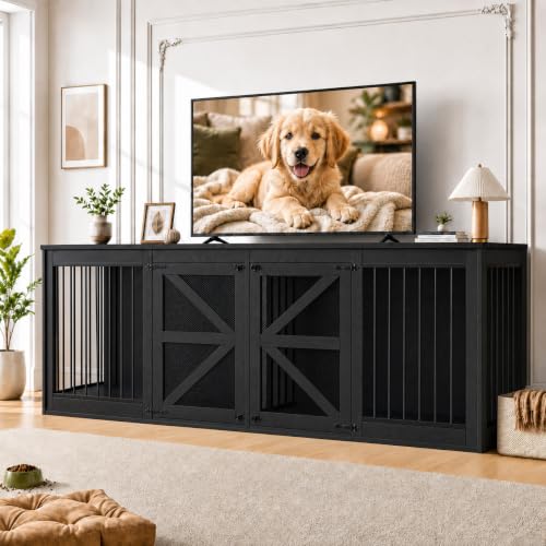 94in Double Dog Crate Furniture, Dog Kennel TV Stand, Black