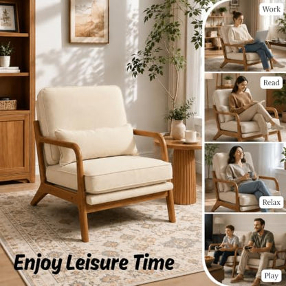 Mid-Century Accent Chairs, Set of 2, Beige Linen with Lumbar Pillow