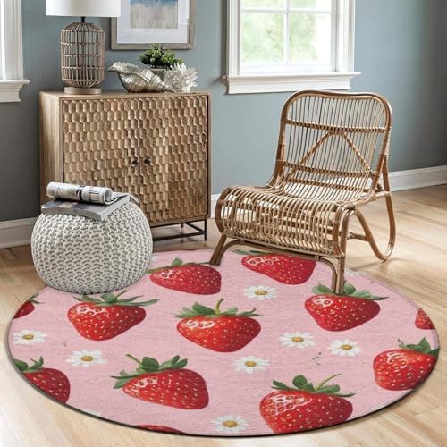 Large Machine Washable Circular Rugs, Home Decor Round Mat for Living Room Sofa Office Daisy Floral Pink Strawberry